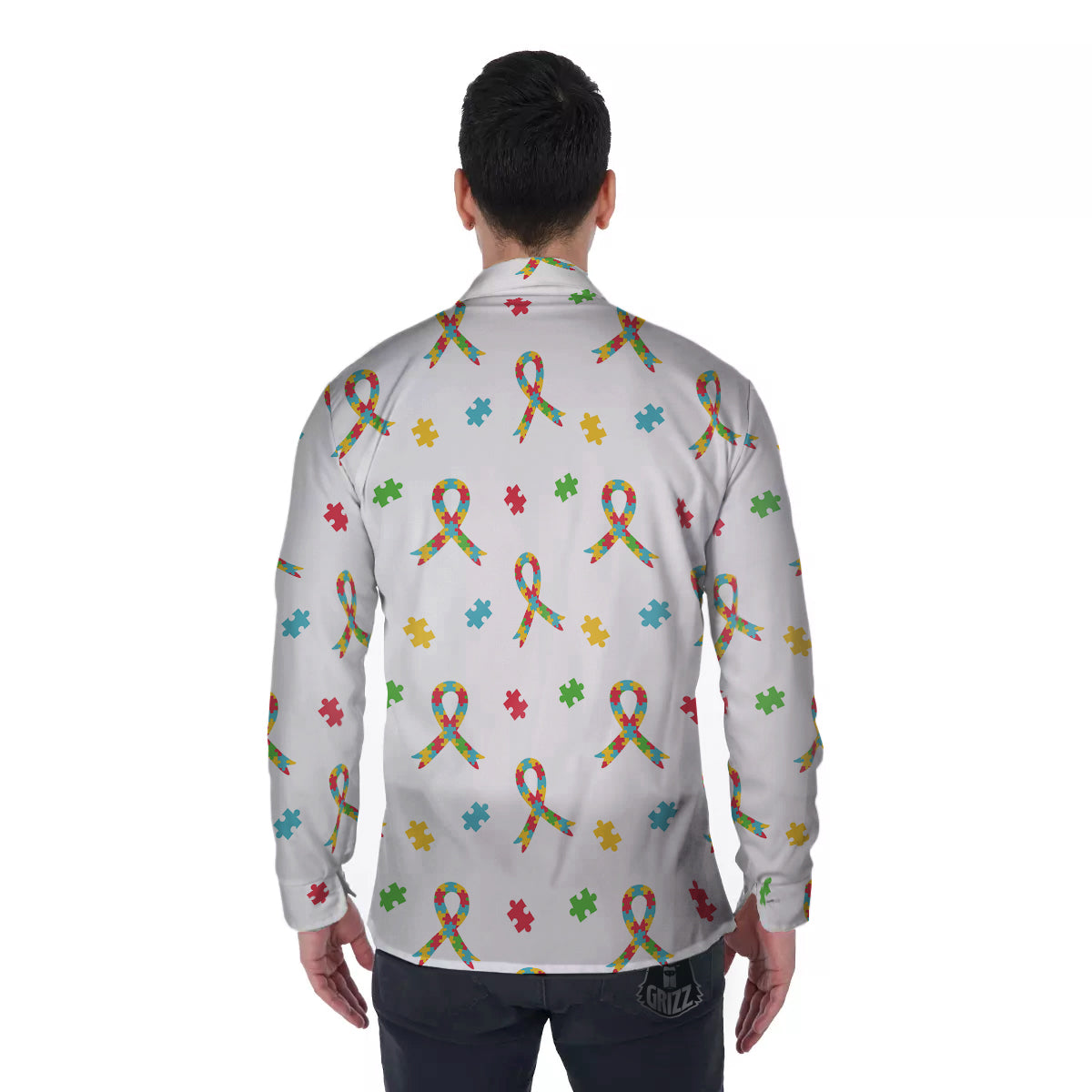 Ribbon Autism Awareness Print Pattern Men's Long Sleeve Shirts-grizzshop