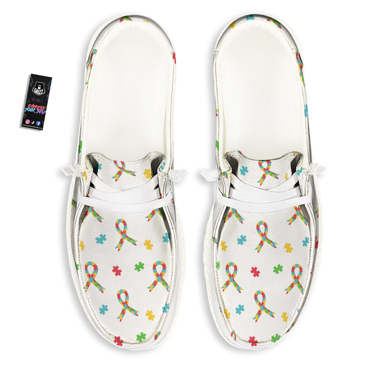 Ribbon Autism Awareness Print Pattern White Loafers-grizzshop
