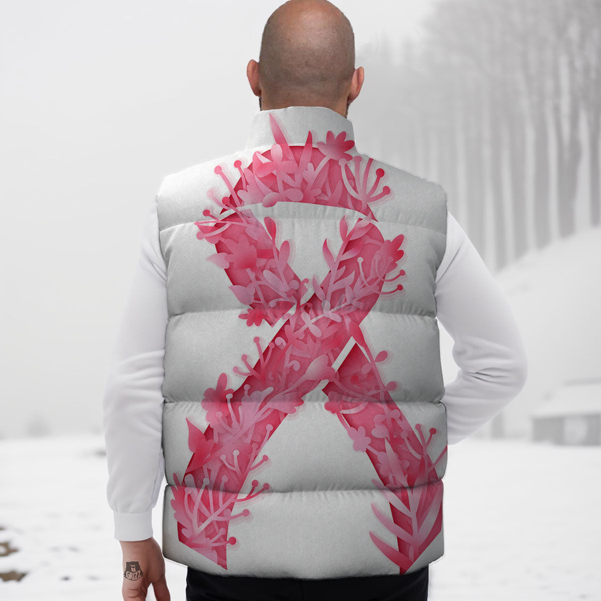 Ribbon Flower Pink Breast Cancer Print Down Vest-grizzshop