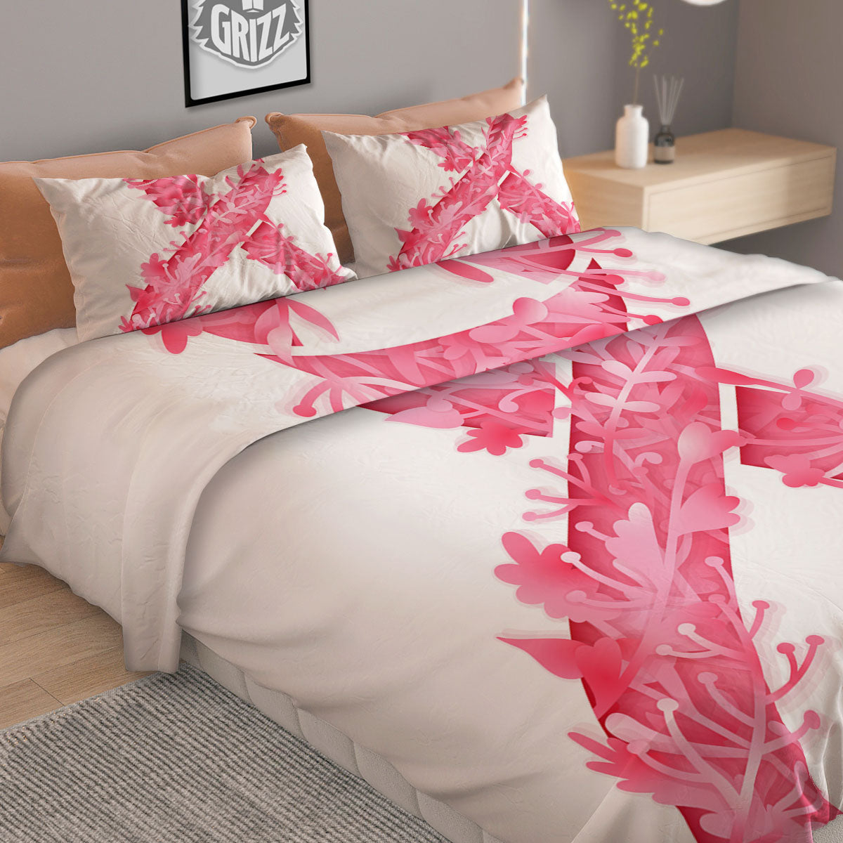 Ribbon Flower Pink Breast Cancer Print Duvet Cover Bedding Set