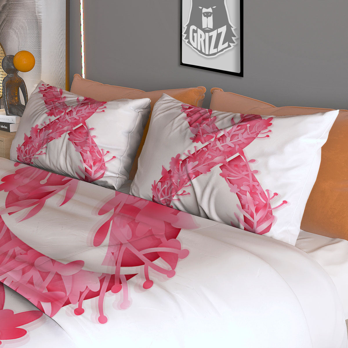 Ribbon Flower Pink Breast Cancer Print Duvet Cover Bedding Set-grizzshop