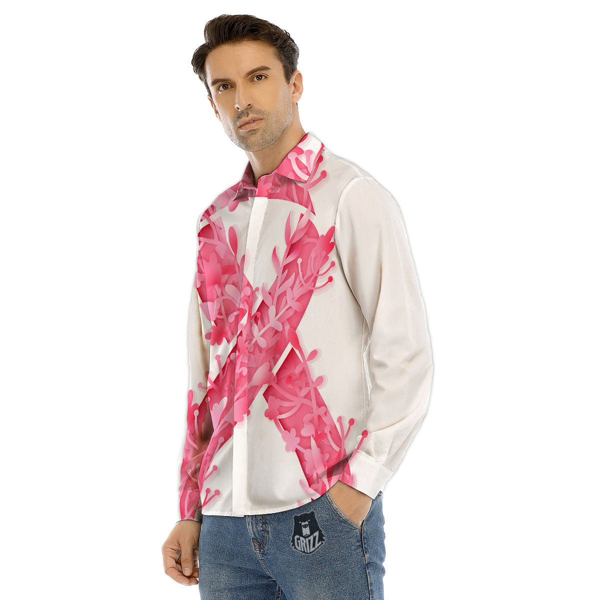 Ribbon Flower Pink Breast Cancer Print Men's Dress Shirts-grizzshop