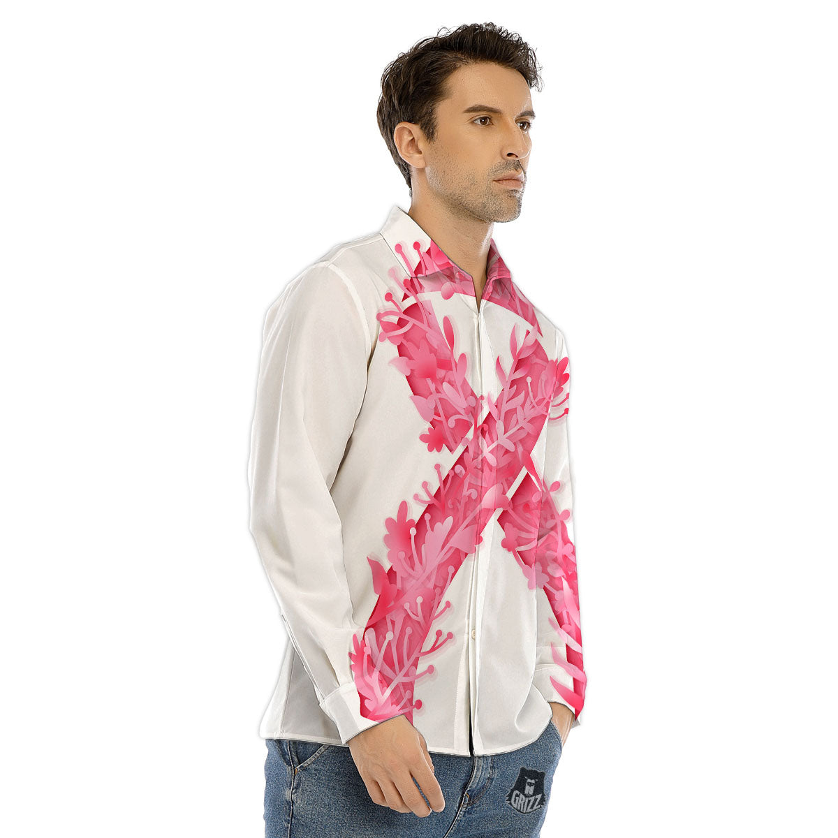Ribbon Flower Pink Breast Cancer Print Men's Dress Shirts-grizzshop