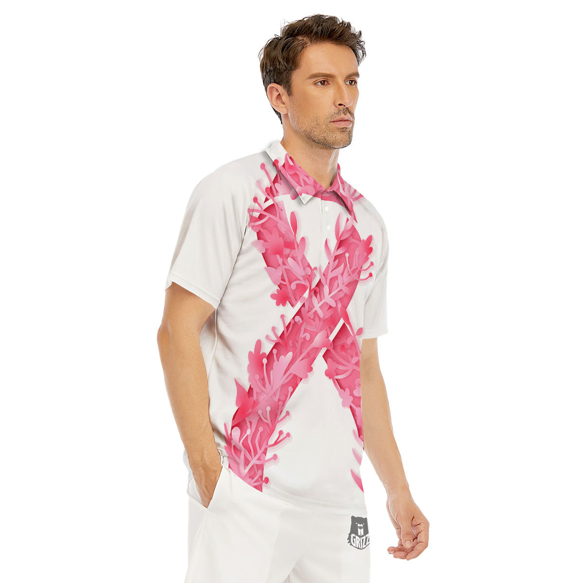 Ribbon Flower Pink Breast Cancer Print Men's Golf Shirts-grizzshop