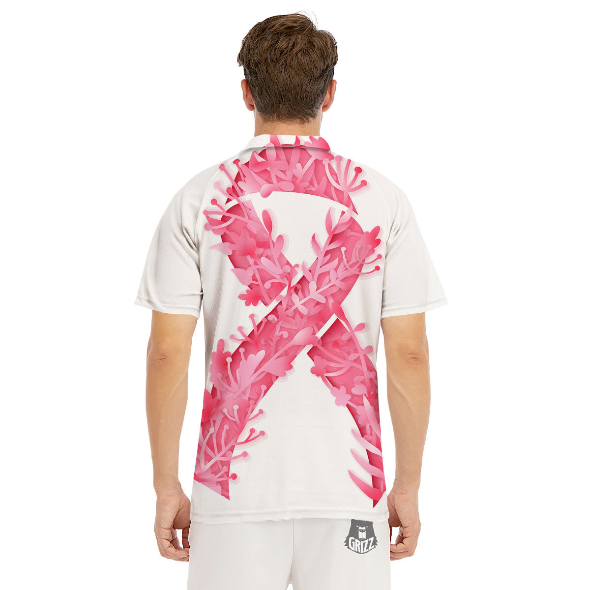 Ribbon Flower Pink Breast Cancer Print Men's Golf Shirts-grizzshop