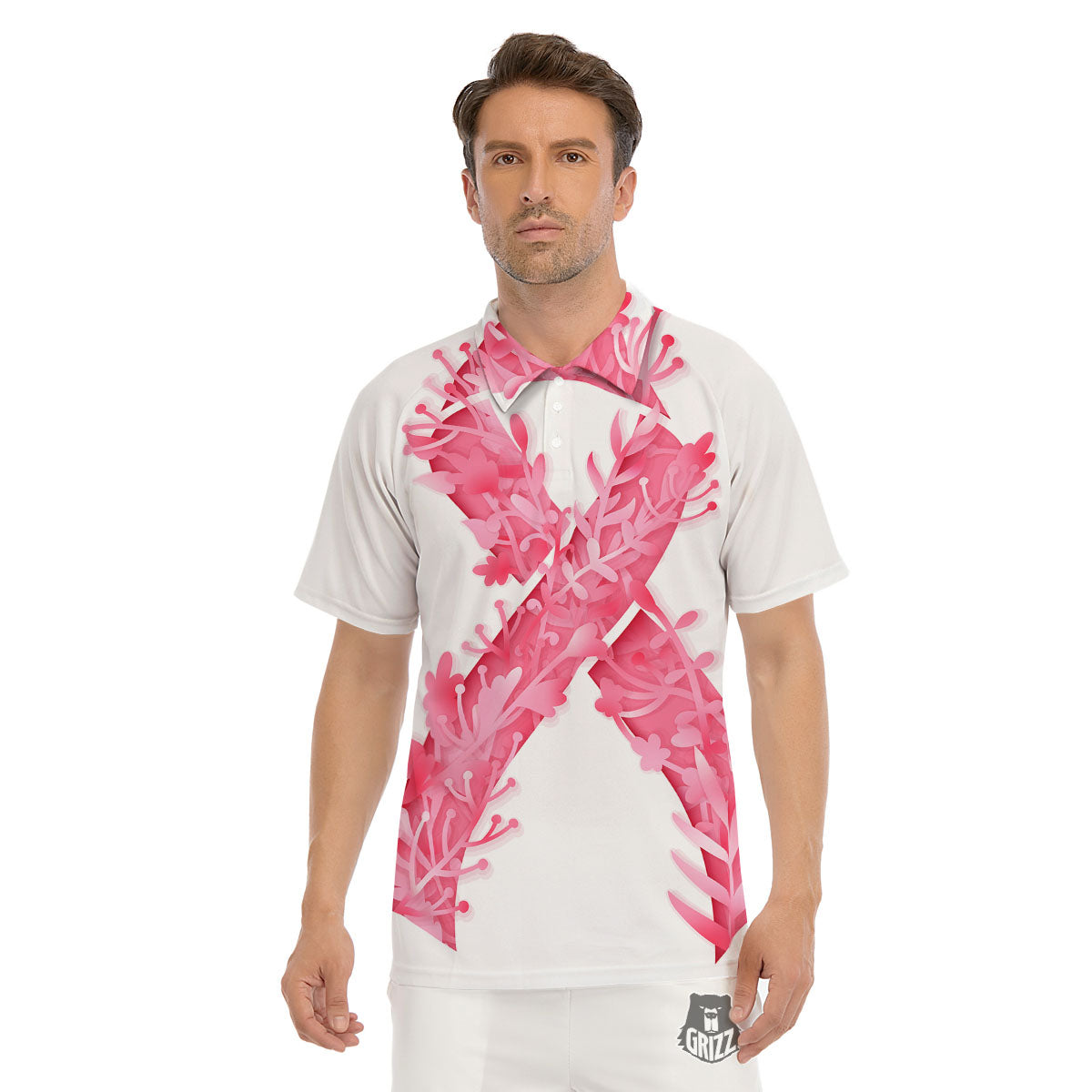 Ribbon Flower Pink Breast Cancer Print Men's Golf Shirts-grizzshop