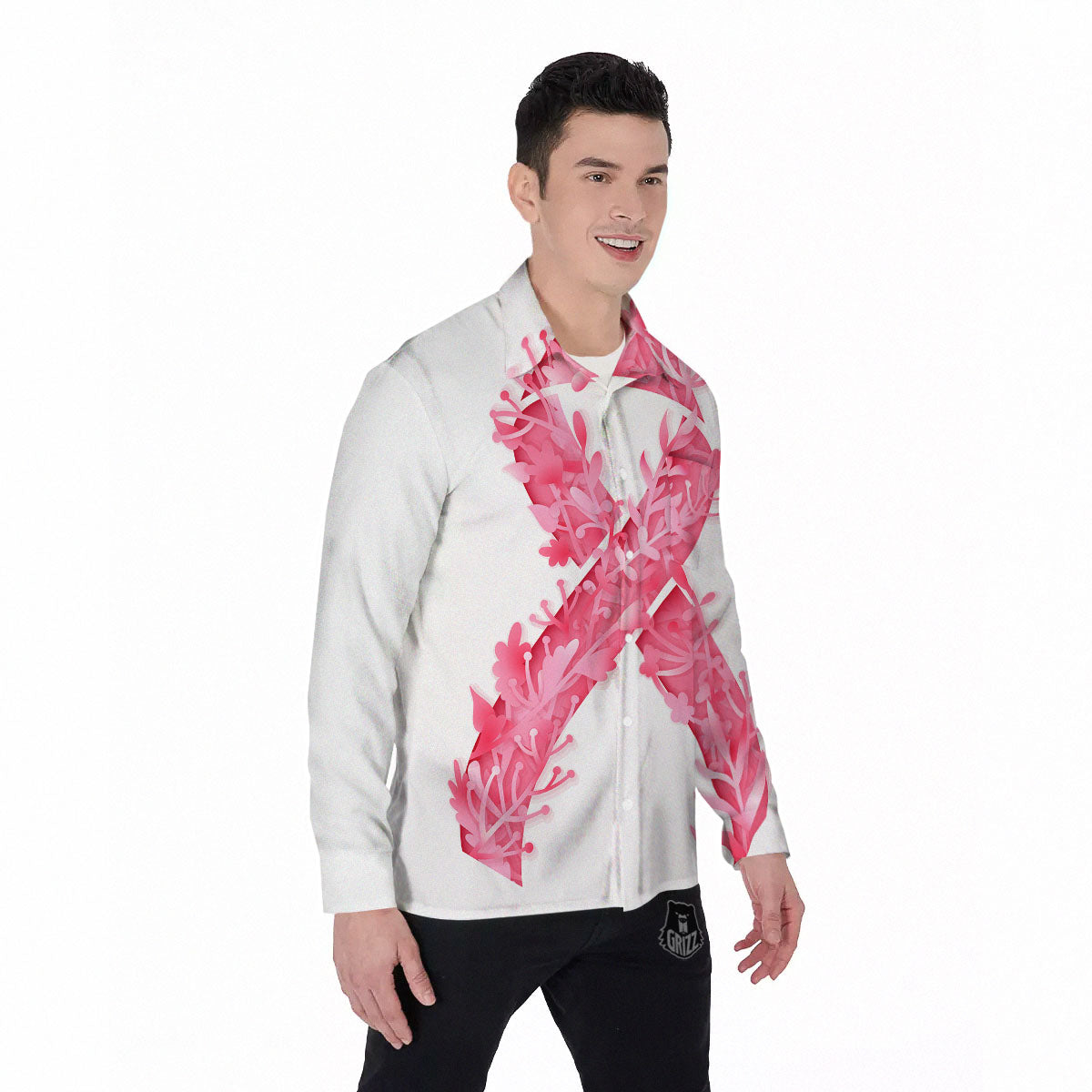 Ribbon Flower Pink Breast Cancer Print Men's Long Sleeve Shirts-grizzshop