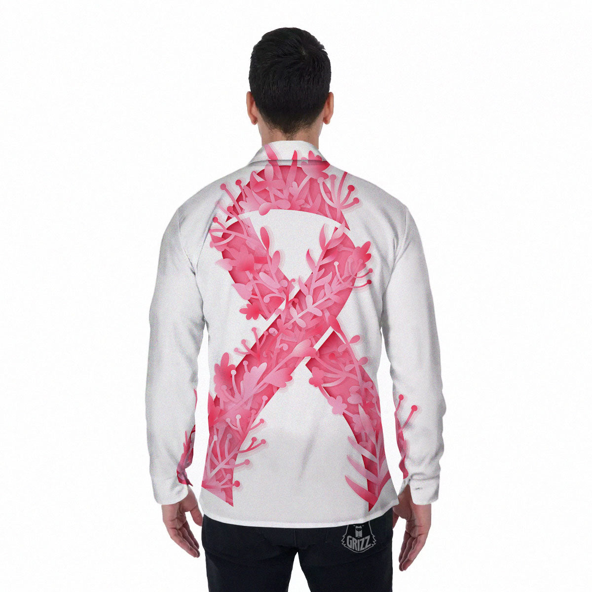 Ribbon Flower Pink Breast Cancer Print Men's Long Sleeve Shirts-grizzshop