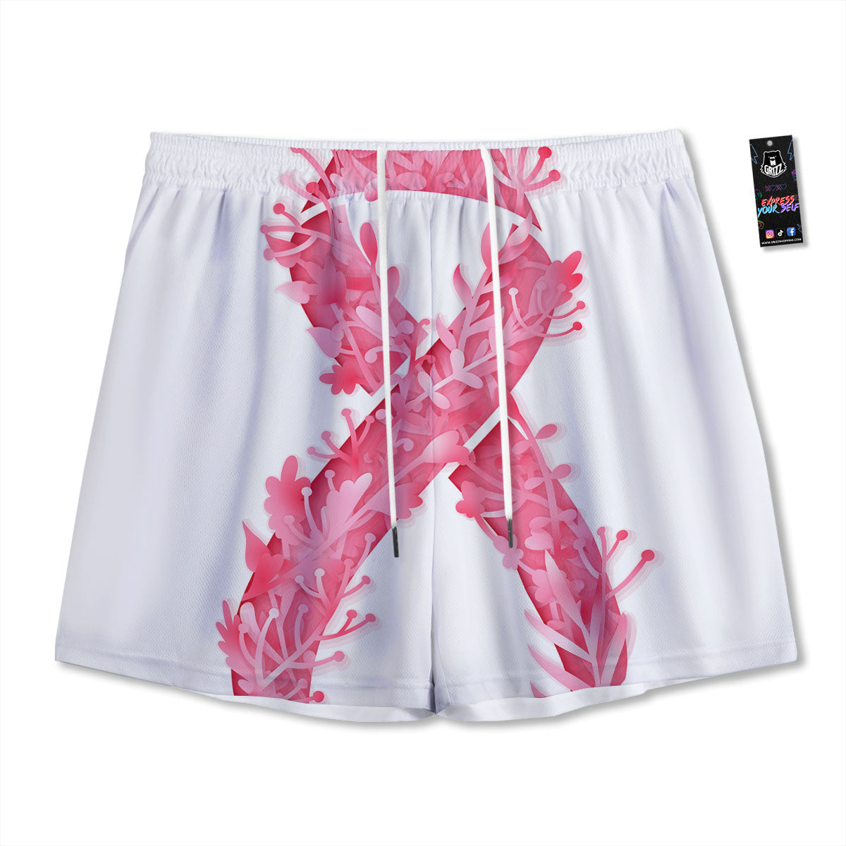 Ribbon Flower Pink Breast Cancer Print Mesh Shorts