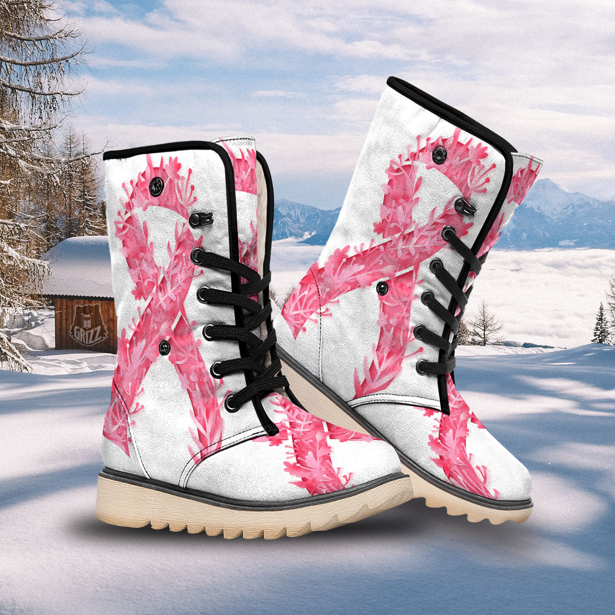 Ribbon Flower Pink Breast Cancer Print Snow Boots-grizzshop