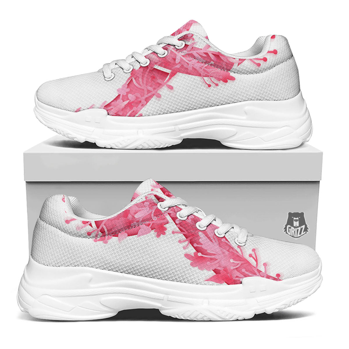 Ribbon Flower Pink Breast Cancer Print White Chunky Shoes-grizzshop