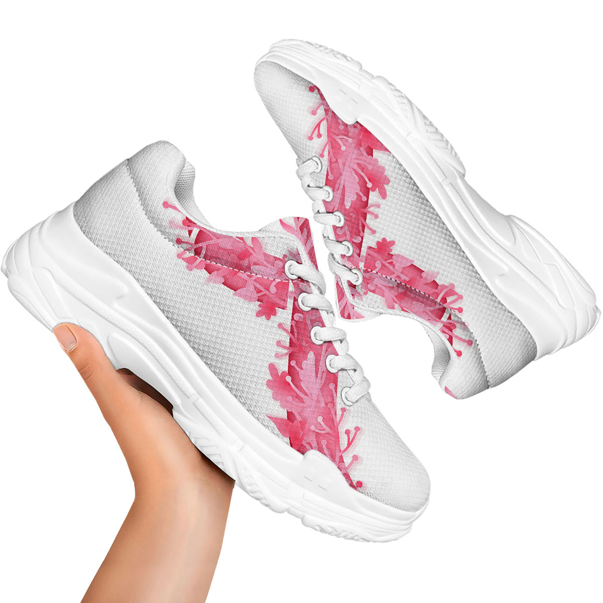 Ribbon Flower Pink Breast Cancer Print White Chunky Shoes-grizzshop
