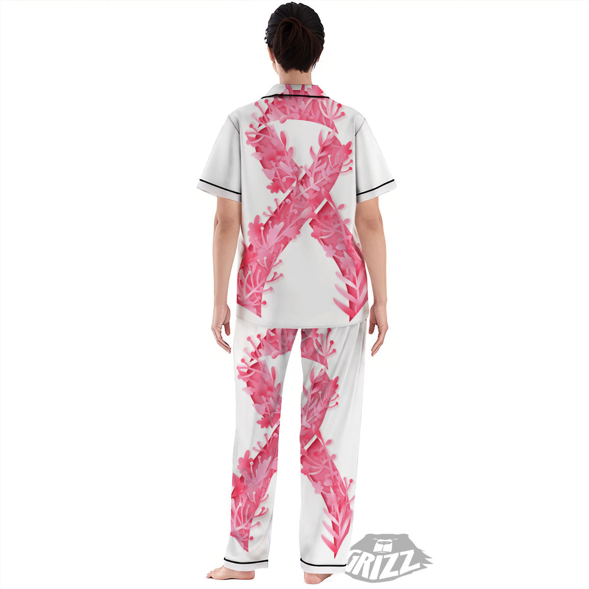 Ribbon Flower Pink Breast Cancer Print Women's Pajamas Set-grizzshop