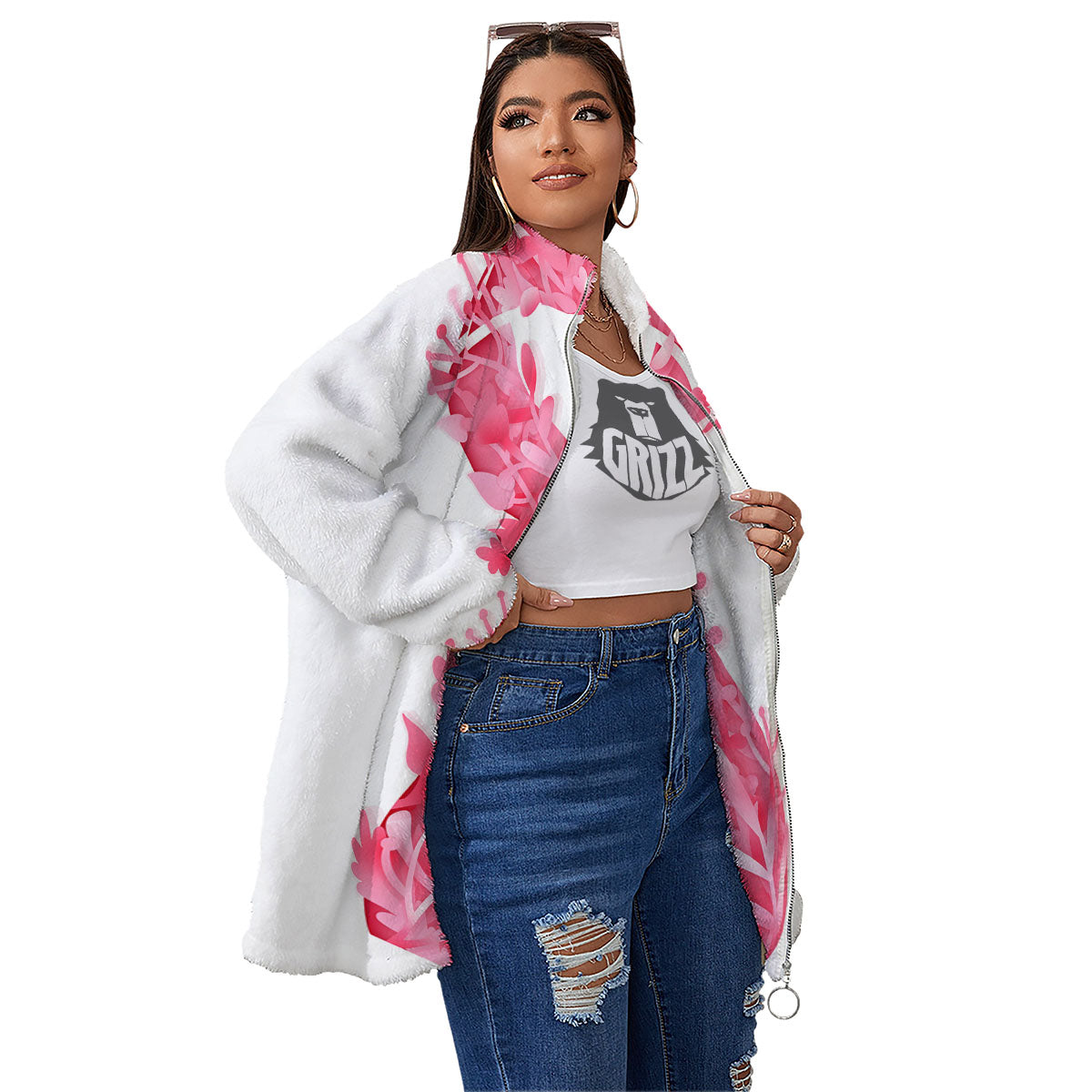 Ribbon Flower Pink Breast Cancer Print Women's Sherpa Jacket-grizzshop