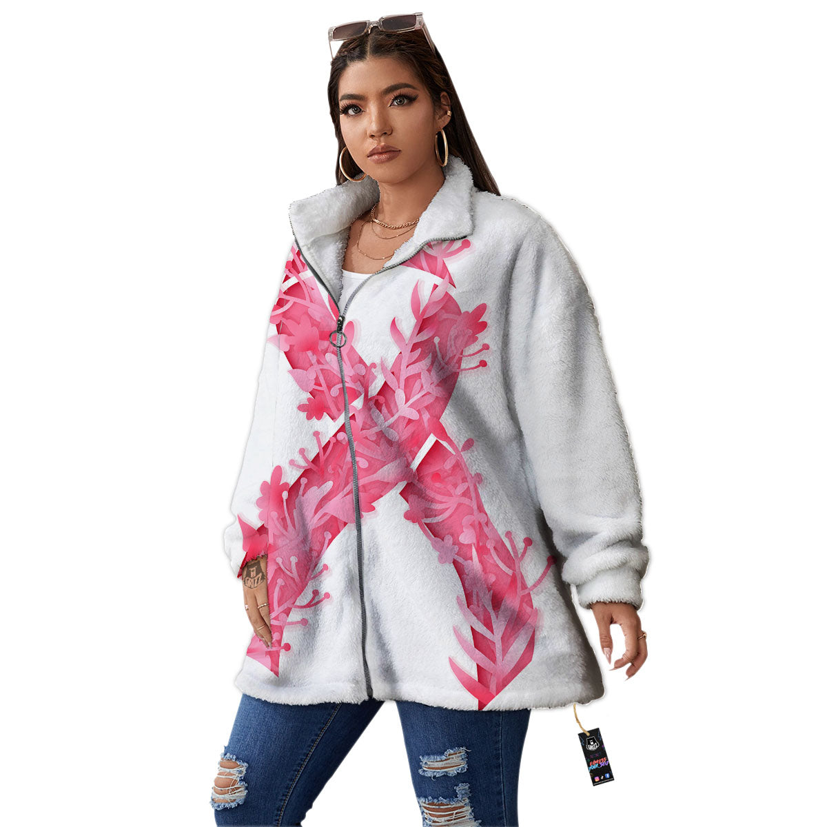 Ribbon Flower Pink Breast Cancer Print Women's Sherpa Jacket-grizzshop