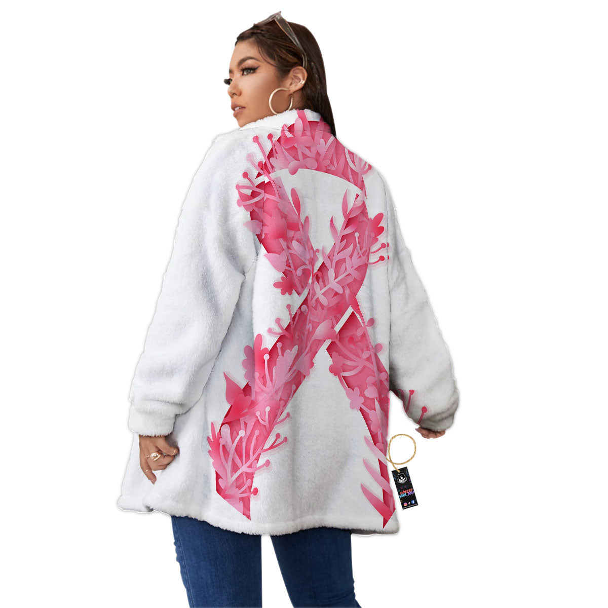 Ribbon Flower Pink Breast Cancer Print Women's Sherpa Jacket-grizzshop