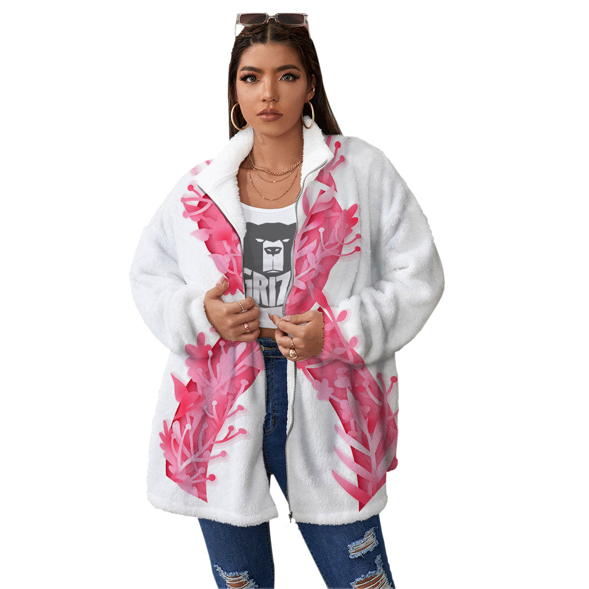 Ribbon Flower Pink Breast Cancer Print Women's Sherpa Jacket-grizzshop