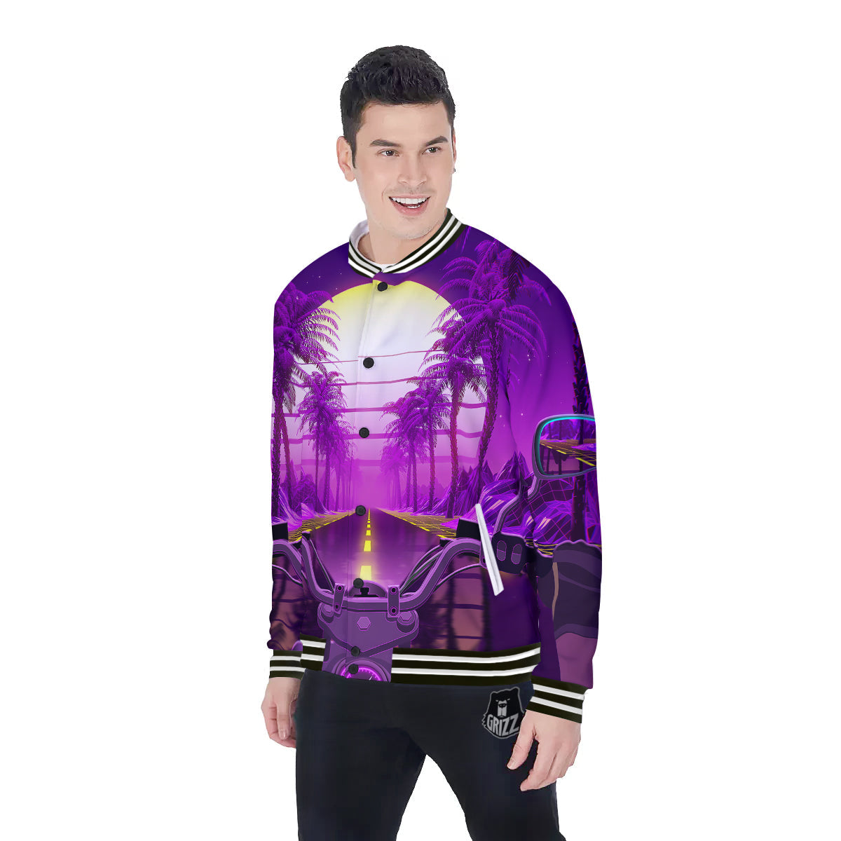 Riding Motorcycle Retro Purple Print Baseball Jacket-grizzshop