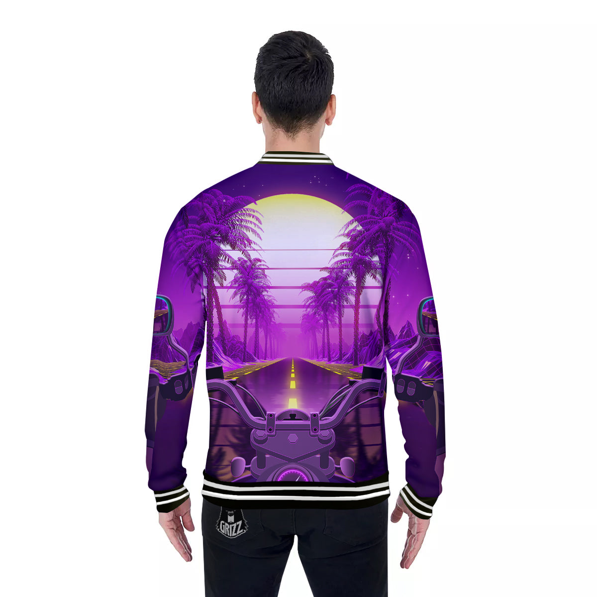 Riding Motorcycle Retro Purple Print Baseball Jacket-grizzshop