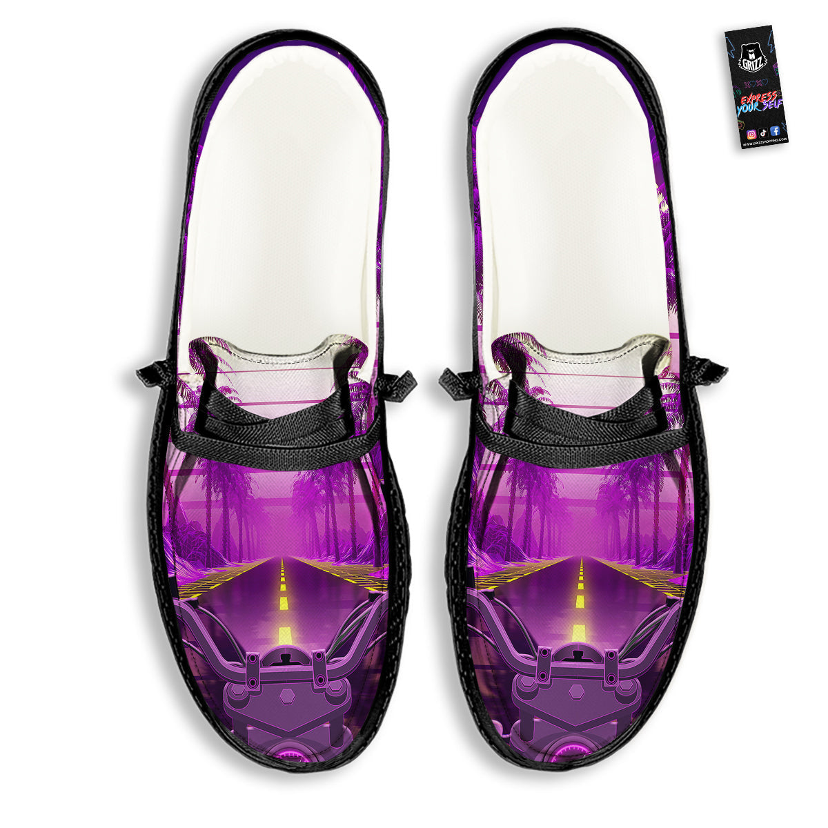 Riding Motorcycle Retro Purple Print Black Loafers-grizzshop