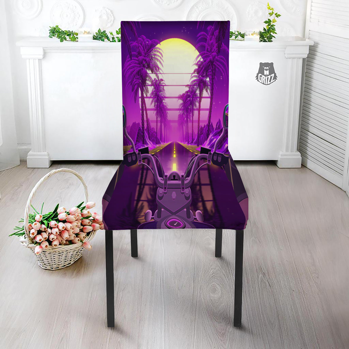 Riding Motorcycle Retro Purple Print Dining Chair Slipcover-grizzshop