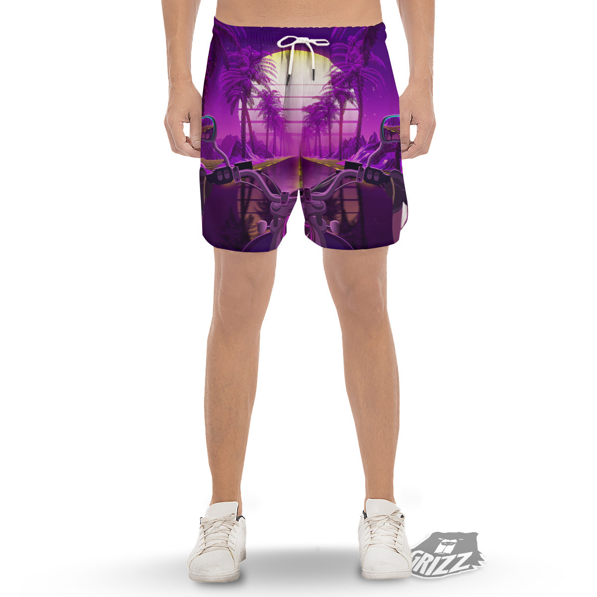 Riding Motorcycle Retro Purple Print Men's Gym Shorts-grizzshop
