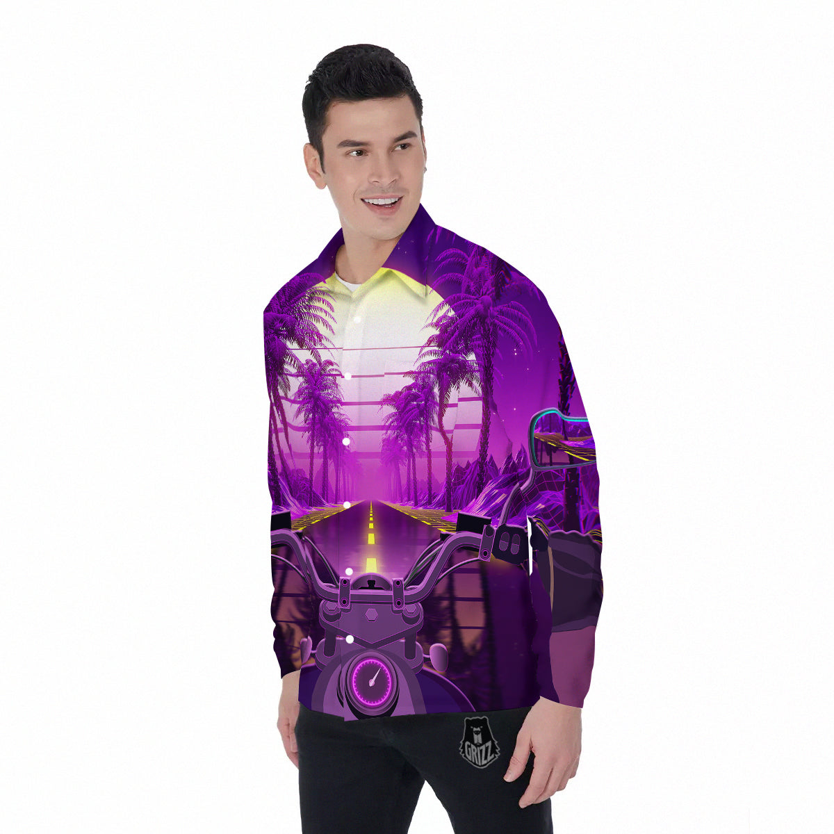 Riding Motorcycle Retro Purple Print Men's Long Sleeve Shirts-grizzshop