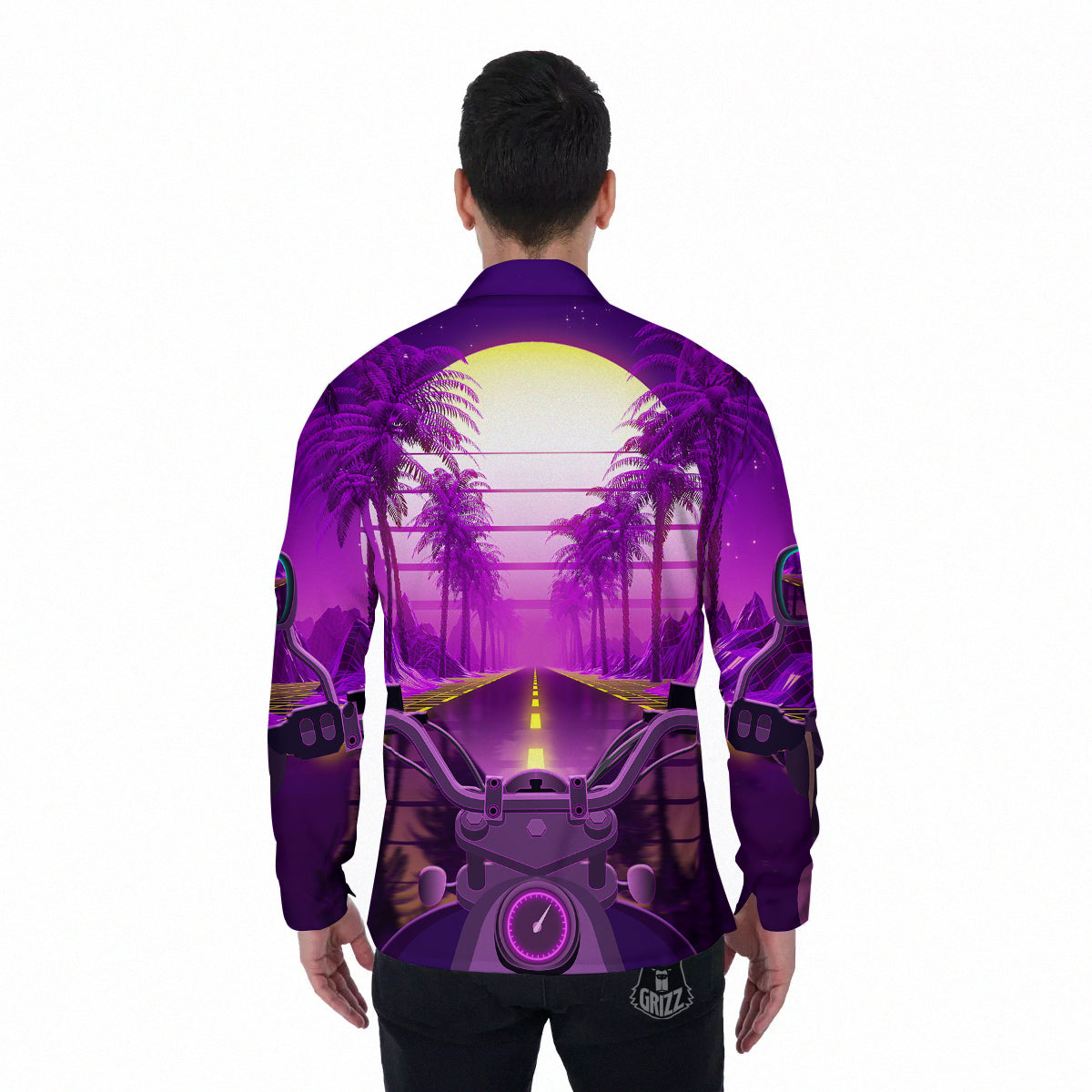 Riding Motorcycle Retro Purple Print Men's Long Sleeve Shirts-grizzshop