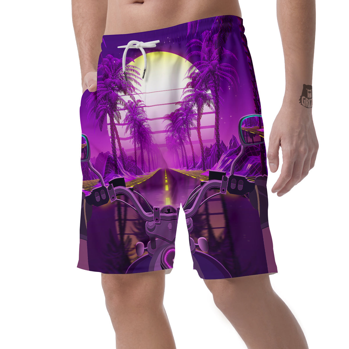 Riding Motorcycle Retro Purple Print Men's Shorts-grizzshop