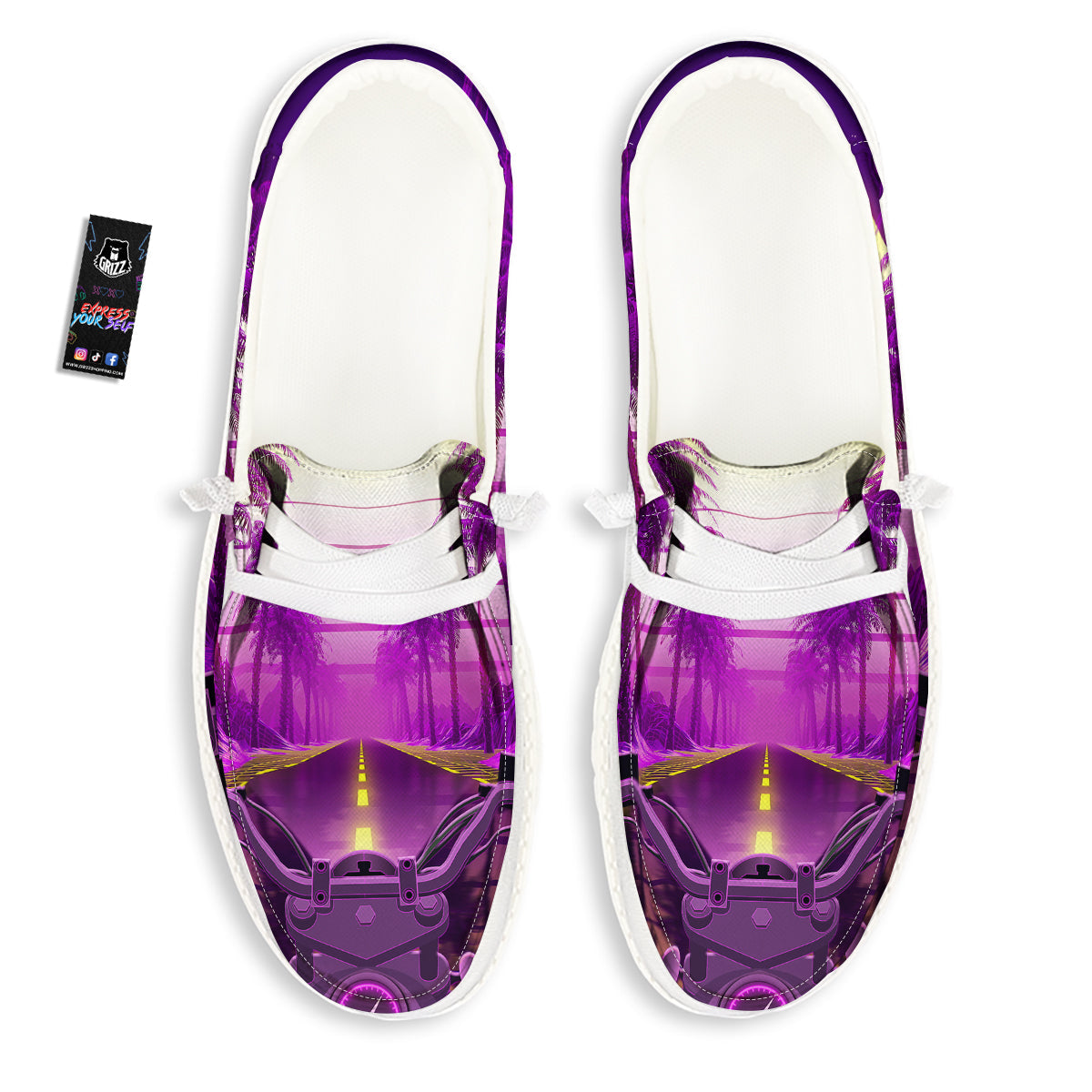 Riding Motorcycle Retro Purple Print White Loafers-grizzshop