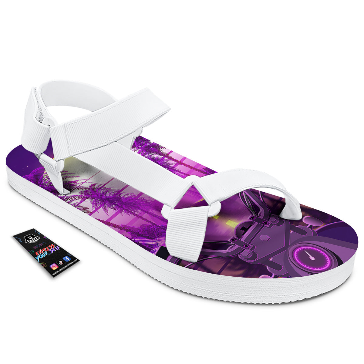 Riding Motorcycle Retro Purple Print White Open Toe Sandals-grizzshop