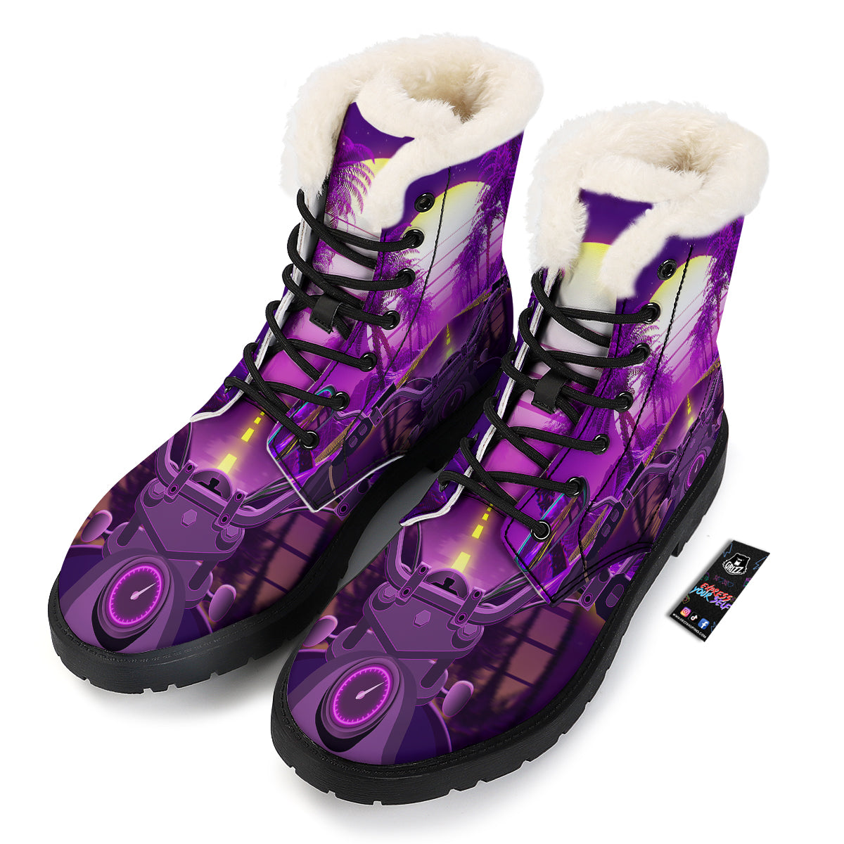 Riding Motorcycle Retro Purple Print Winter Boots-grizzshop