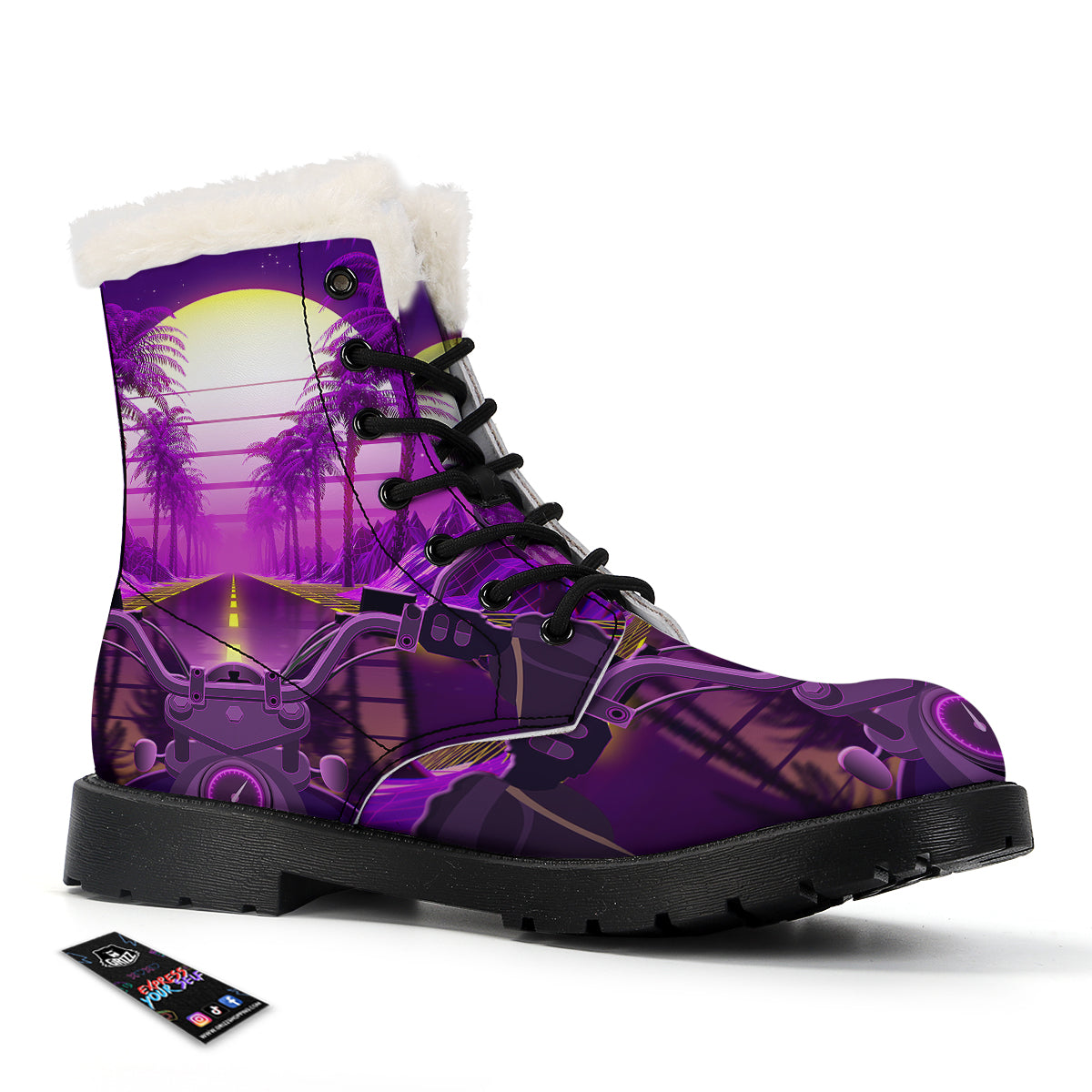 Riding Motorcycle Retro Purple Print Winter Boots-grizzshop