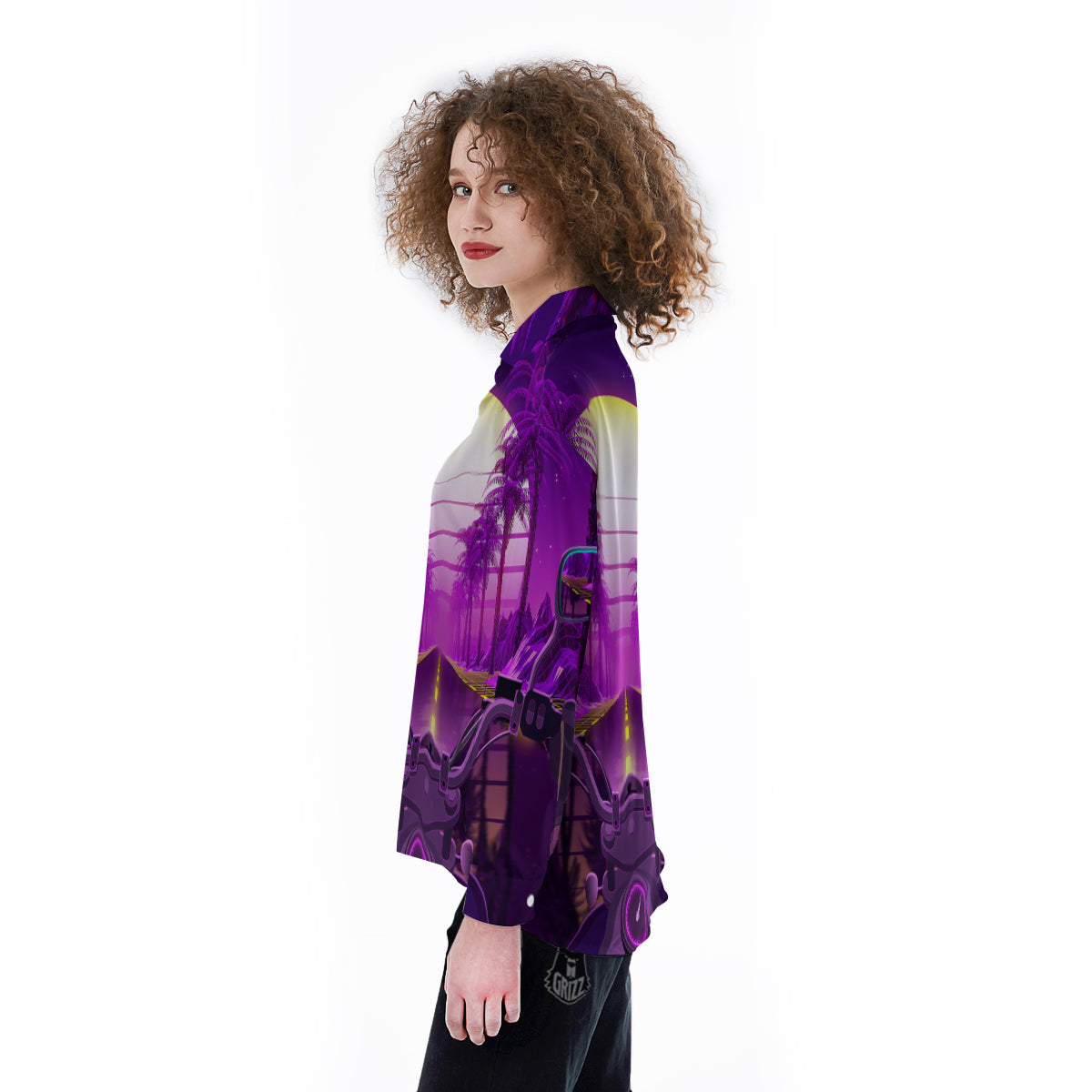 Riding Motorcycle Retro Purple Print Women's Long Sleeve Shirts-grizzshop