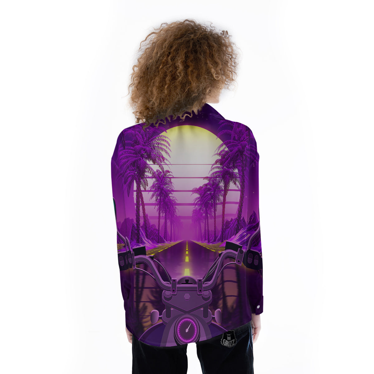 Riding Motorcycle Retro Purple Print Women's Long Sleeve Shirts-grizzshop