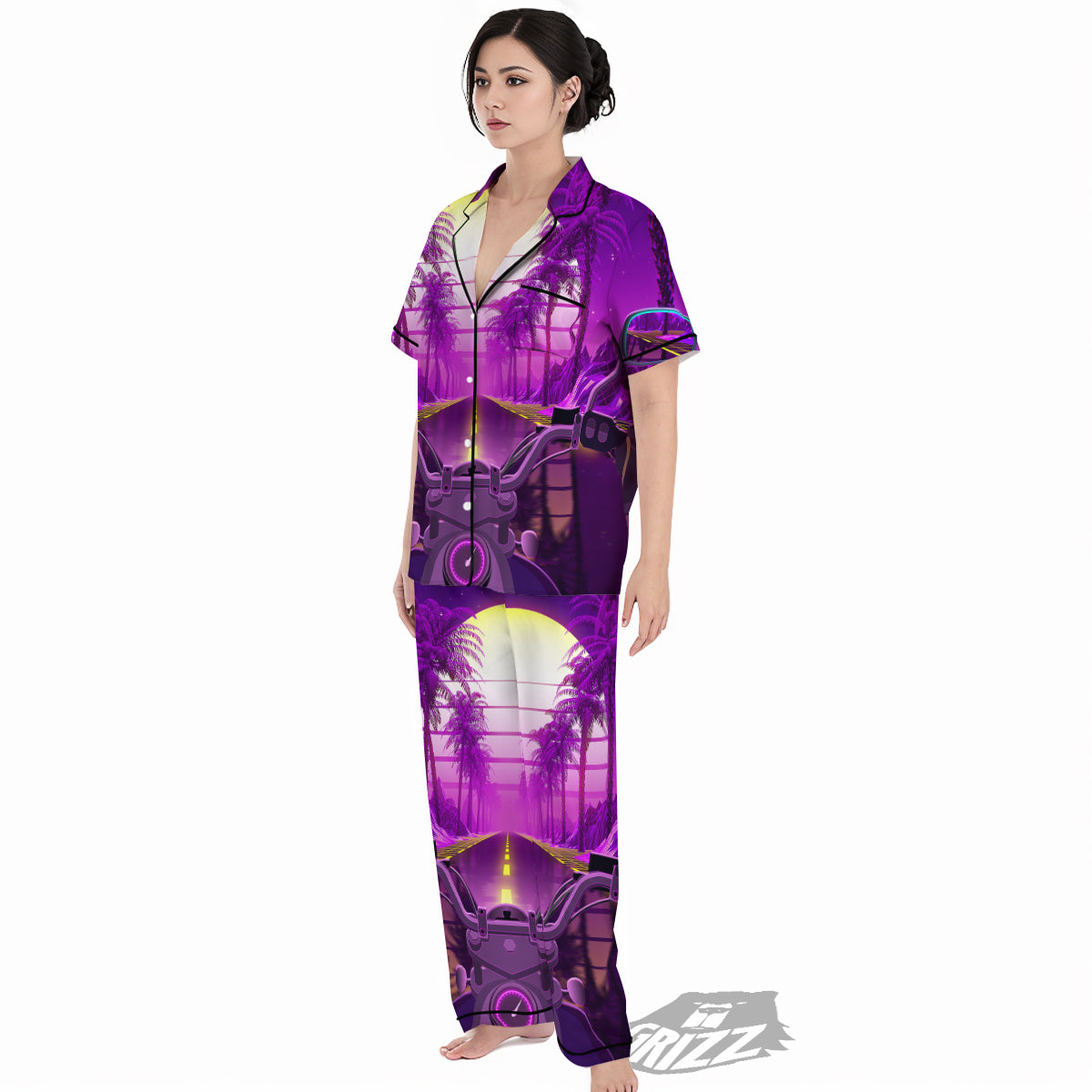 Riding Motorcycle Retro Purple Print Women's Pajamas Set-grizzshop