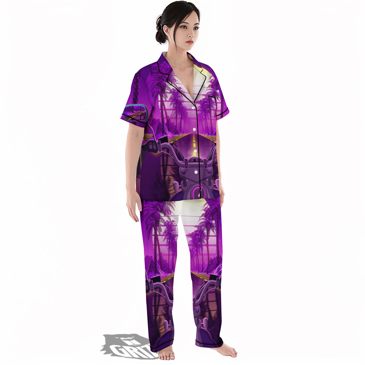 Riding Motorcycle Retro Purple Print Women's Pajamas Set-grizzshop