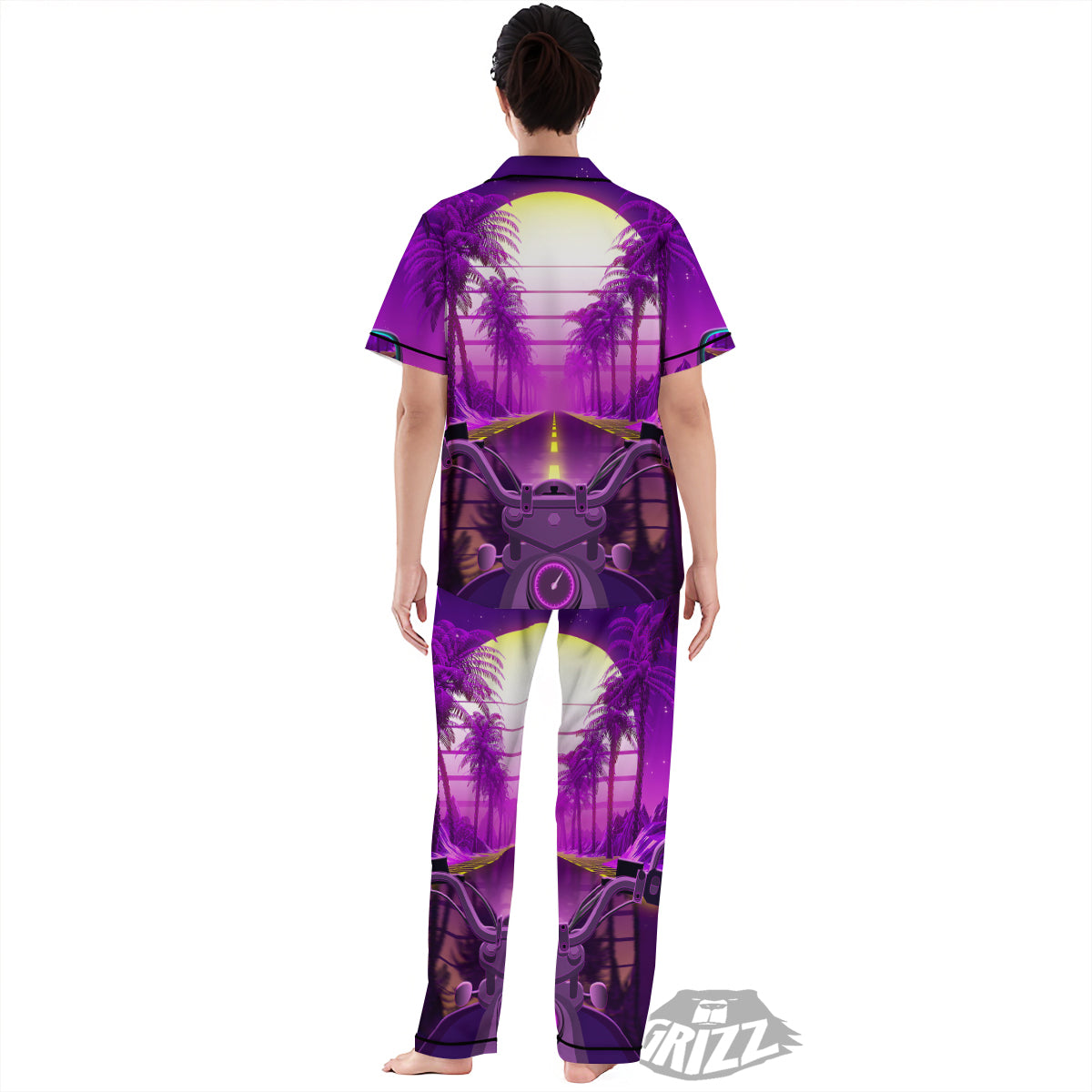Riding Motorcycle Retro Purple Print Women's Pajamas Set-grizzshop