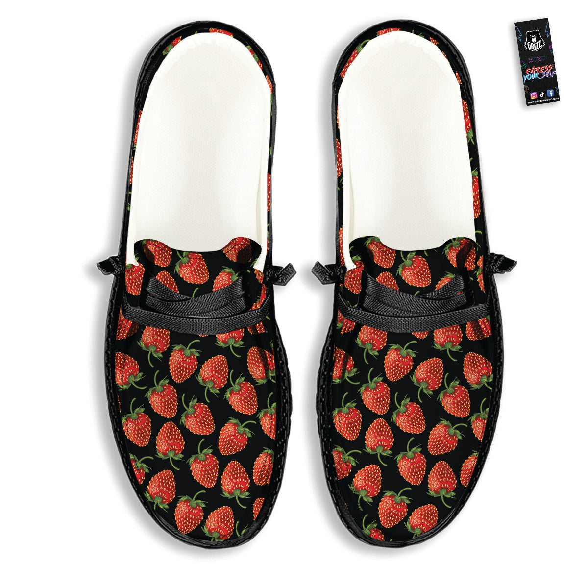 Ripe Strawberries Print Pattern Black Loafers-grizzshop