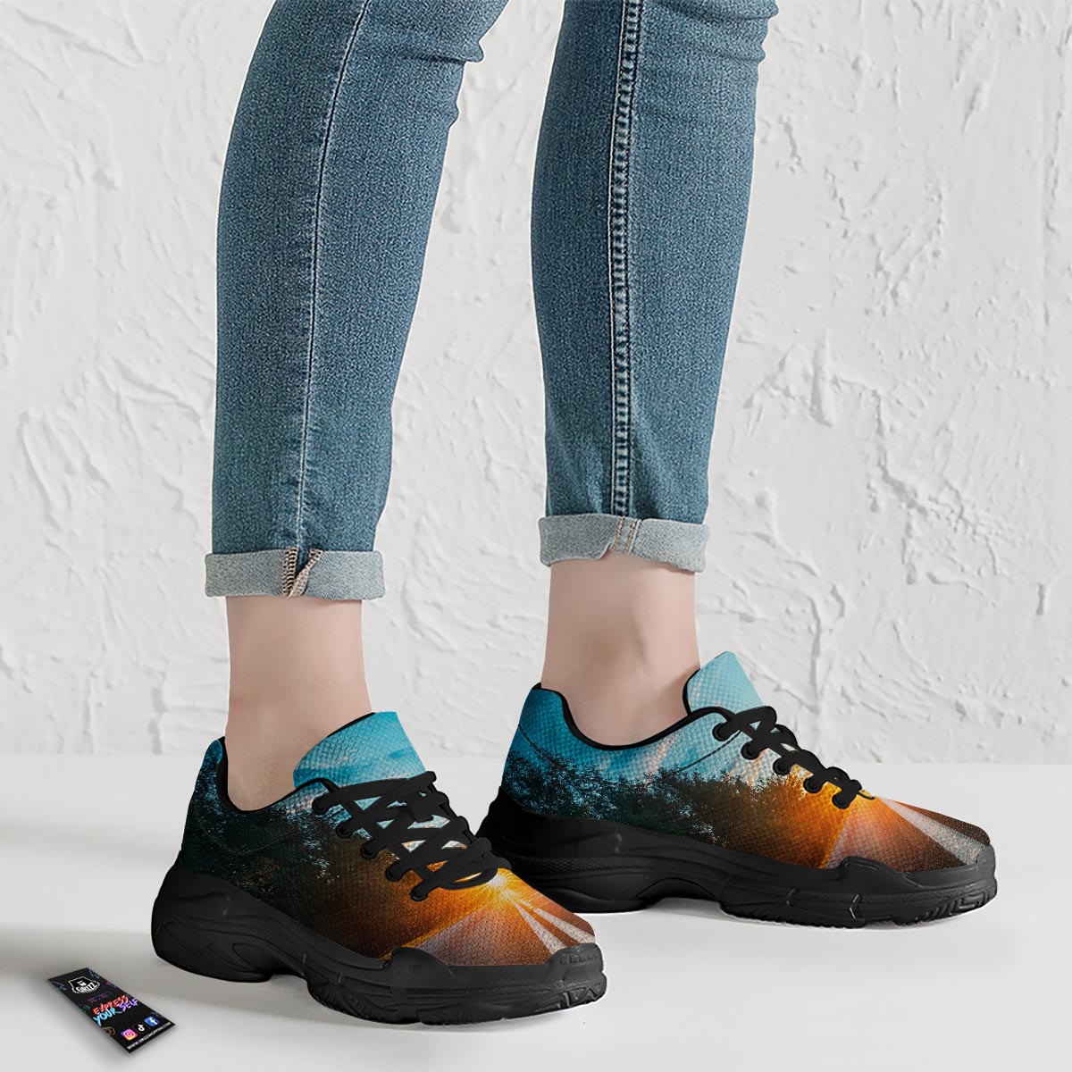 Road Sunrise Print Black Chunky Shoes-grizzshop