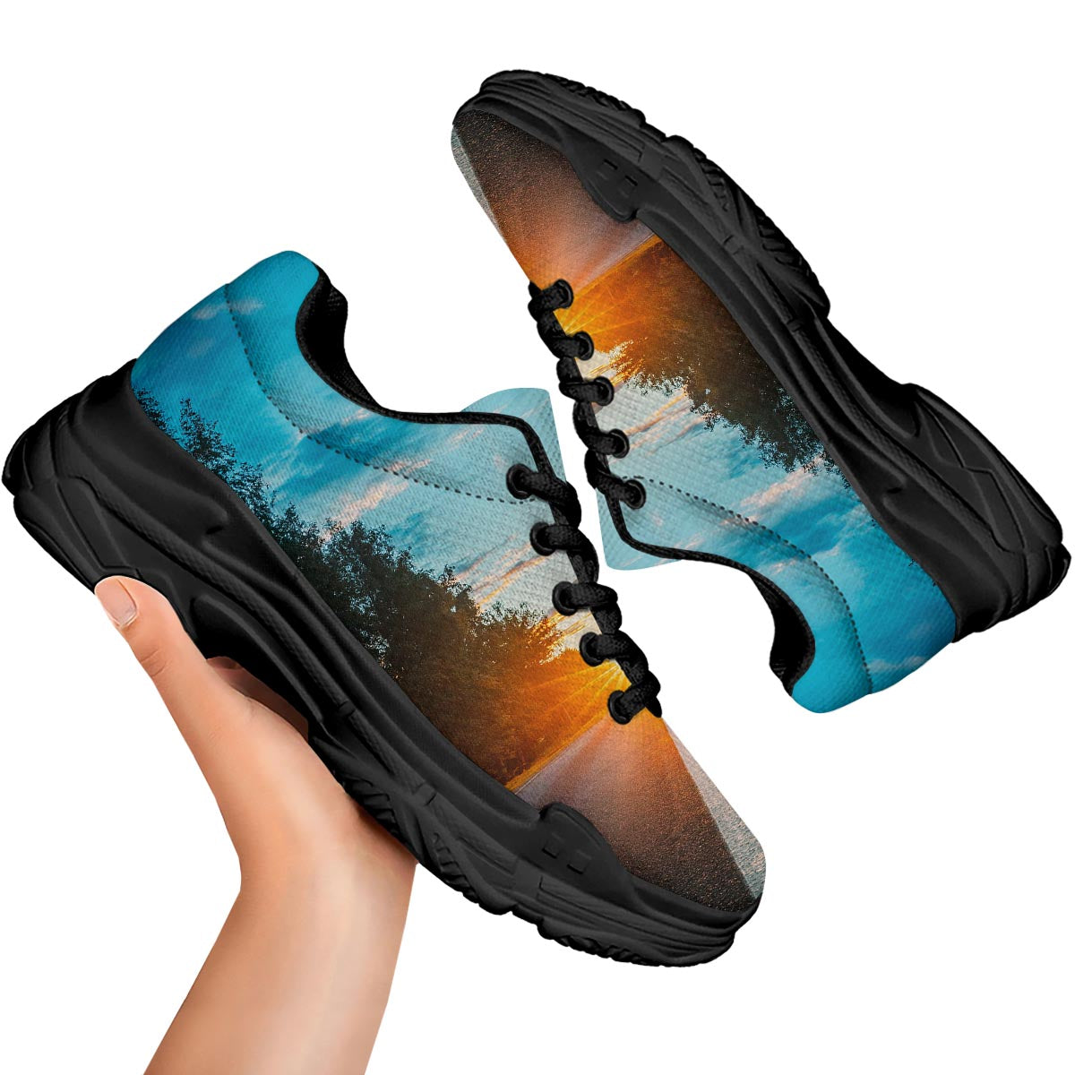 Road Sunrise Print Black Chunky Shoes-grizzshop