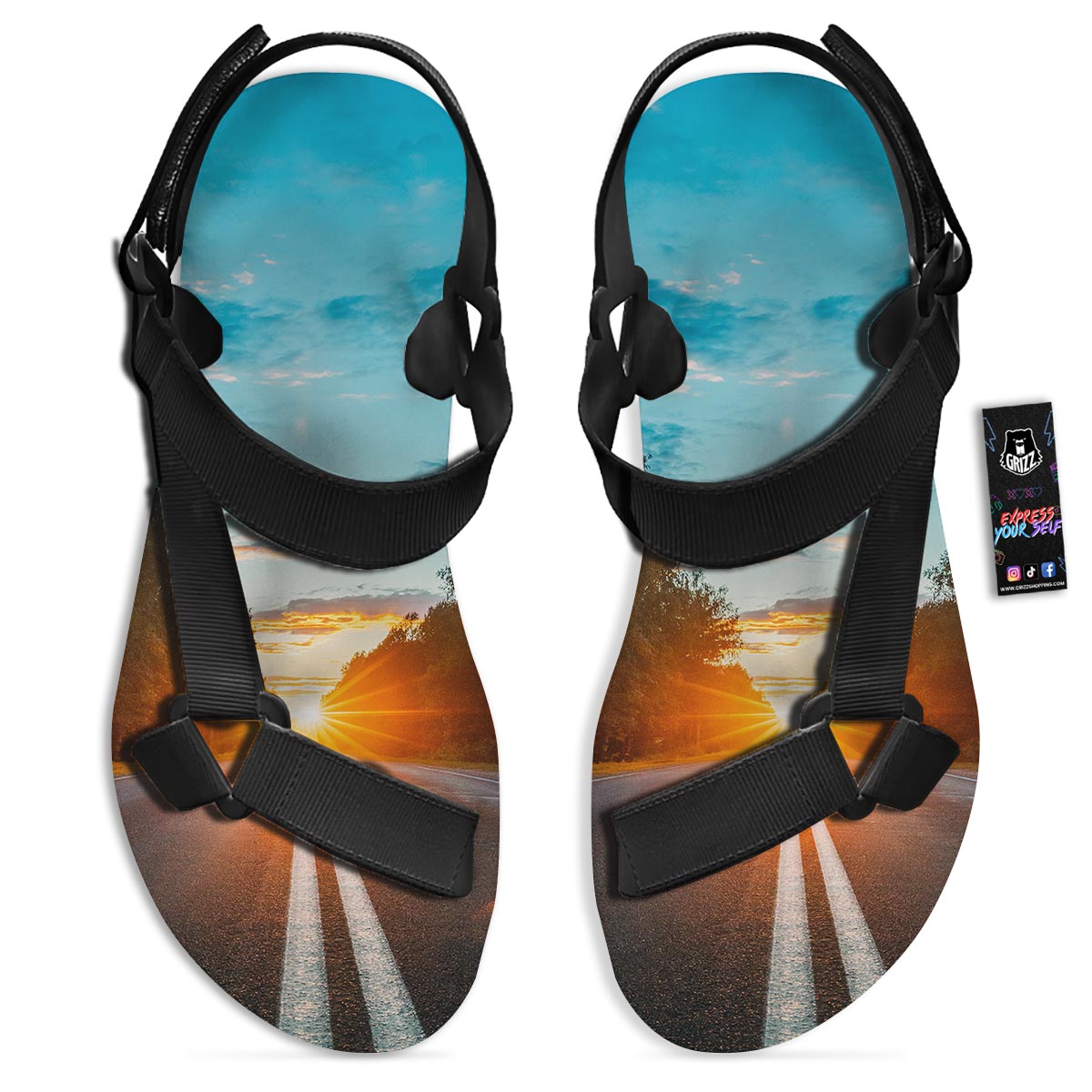 Road Sunrise Print Black Open Toe Sandals-grizzshop