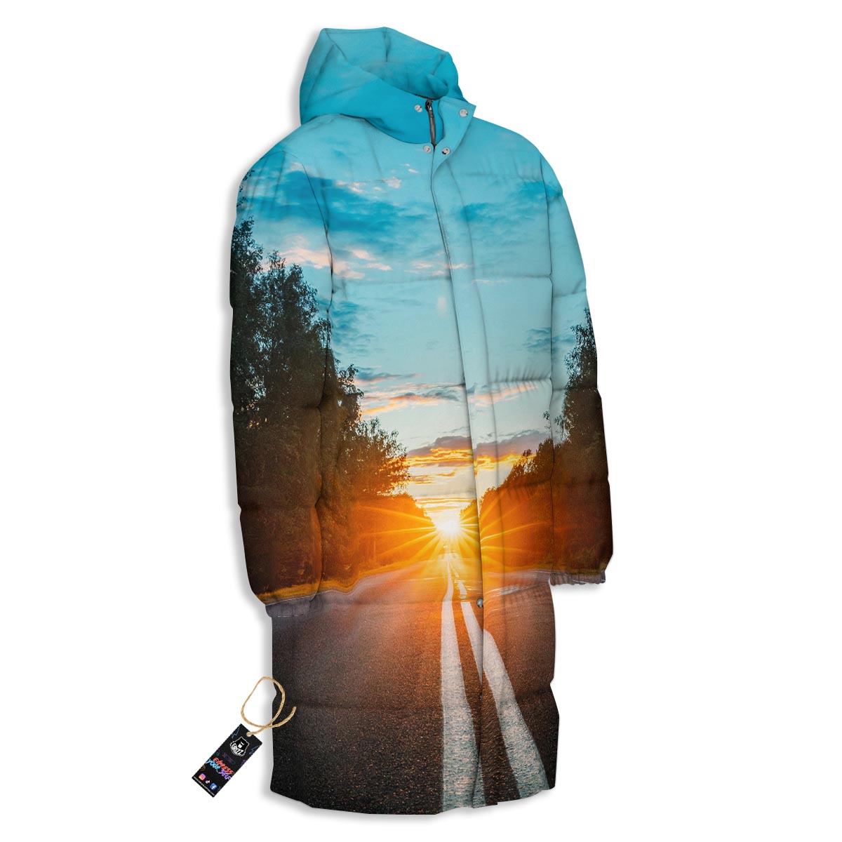 Road Sunrise Print Long Down Jacket-grizzshop