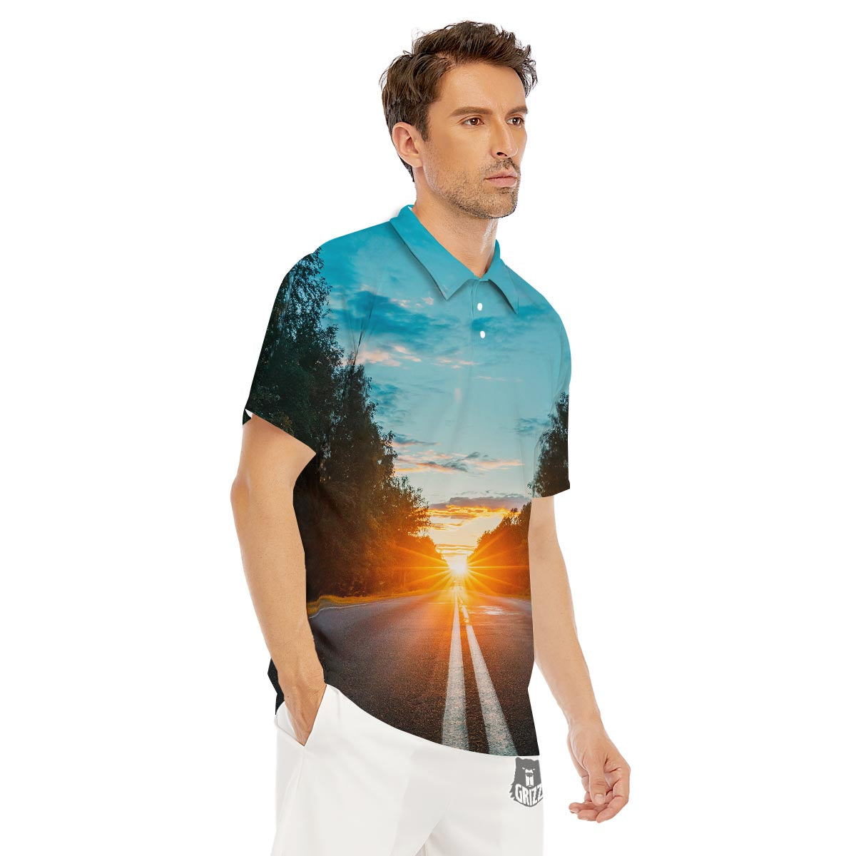Road Sunrise Print Men's Golf Shirts-grizzshop