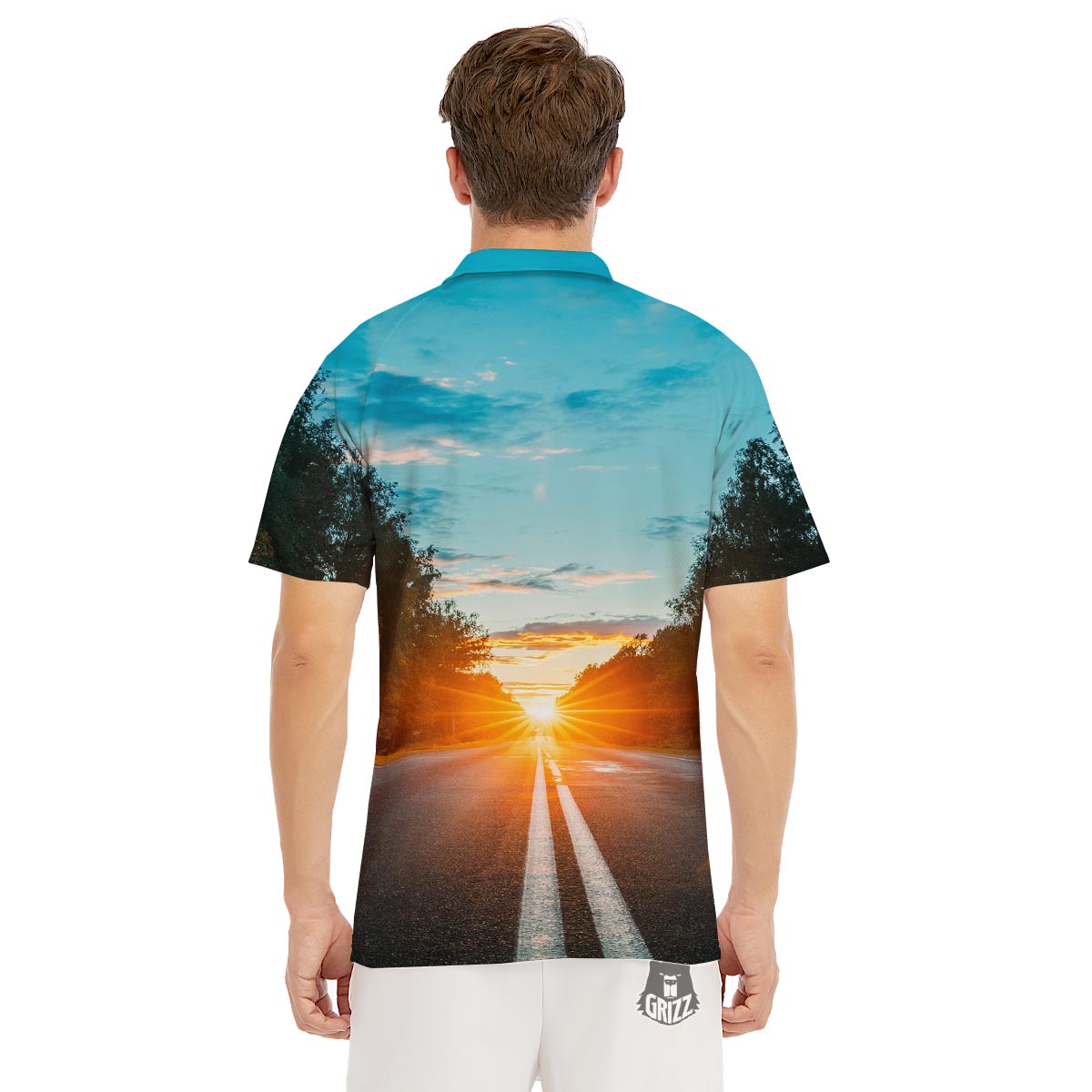 Road Sunrise Print Men's Golf Shirts-grizzshop