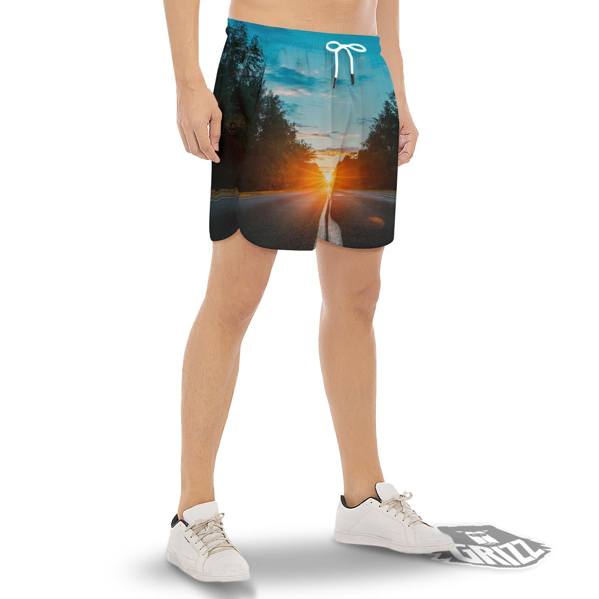 Road Sunrise Print Men's Gym Shorts-grizzshop