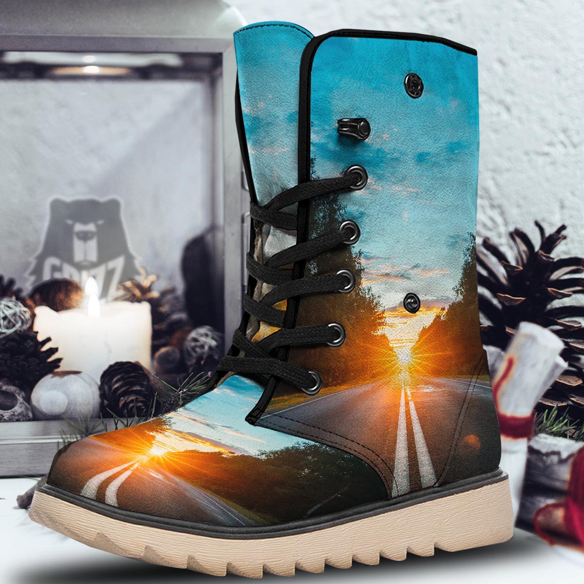 Road Sunrise Print Snow Boots-grizzshop