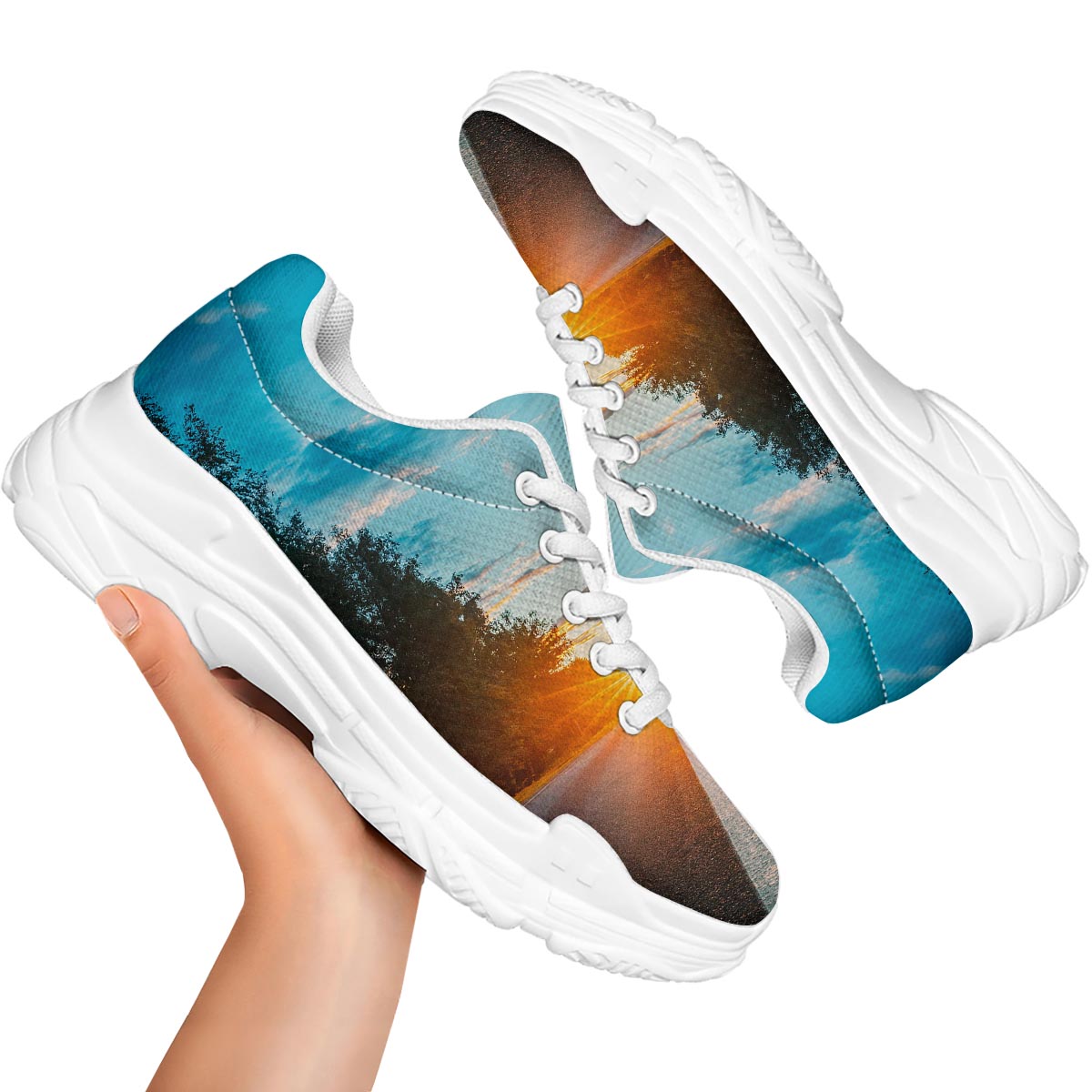 Road Sunrise Print White Chunky Shoes-grizzshop