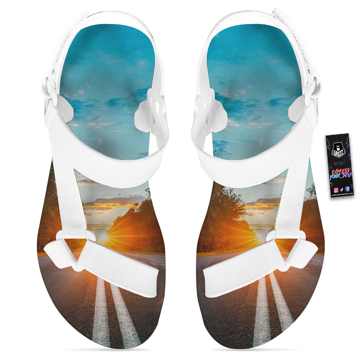 Road Sunrise Print White Open Toe Sandals-grizzshop