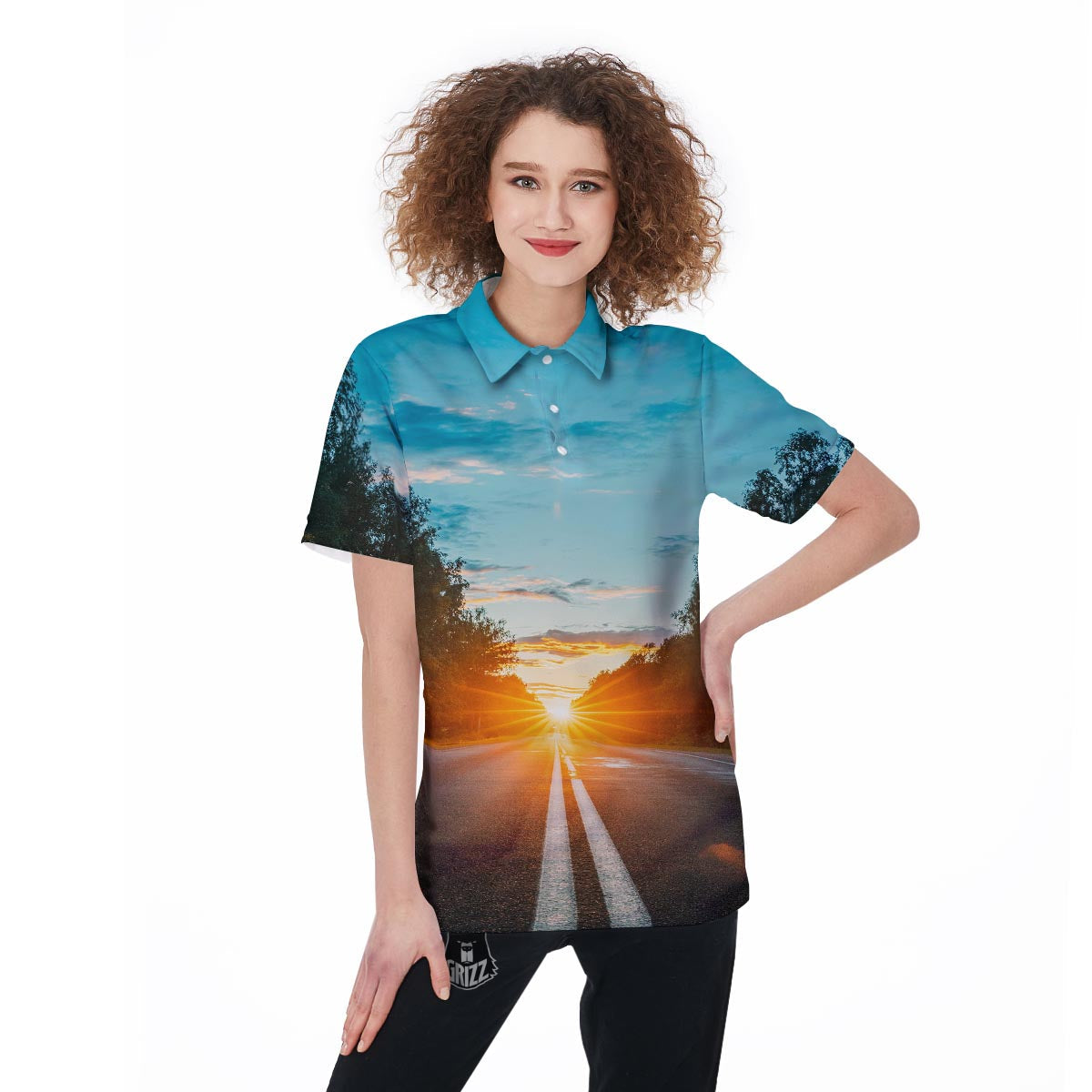 Road Sunrise Print Women's Golf Shirts-grizzshop